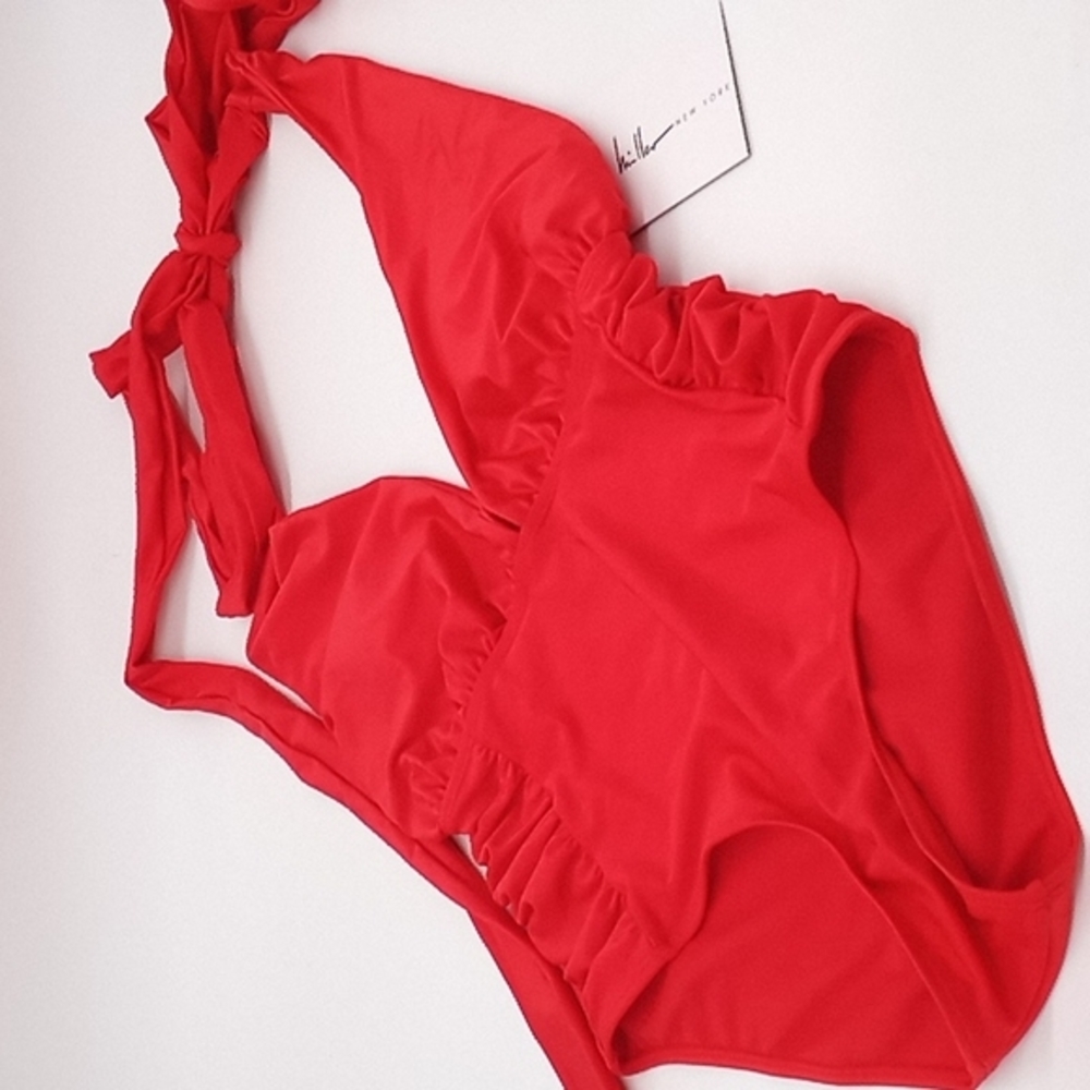 Nicole Miller One Piece Convertible Side Ruching Swimsuit Red‎